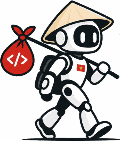 The VietCyberCareers traveler mascot, wearing a nón lá and carrying a code bundle